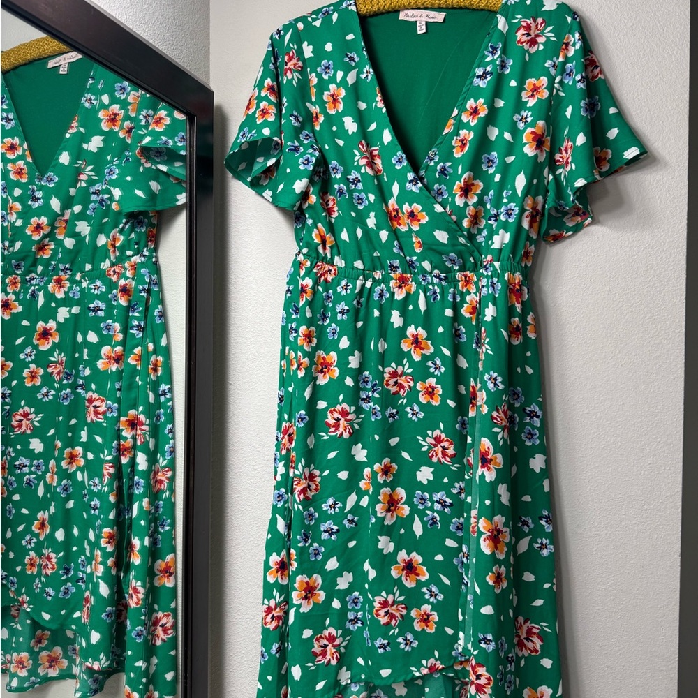 Green V-Neck Flutter Sleeve Wrap Midi Dress